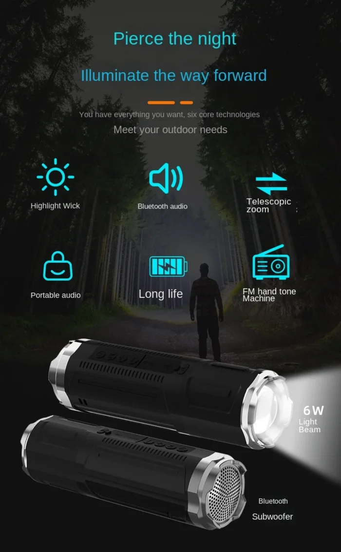 Portable Bluetooth Speaker With Zoomable Flashlight - 4 Dimming Modes FM Radio Long Lasting Life - Image 3