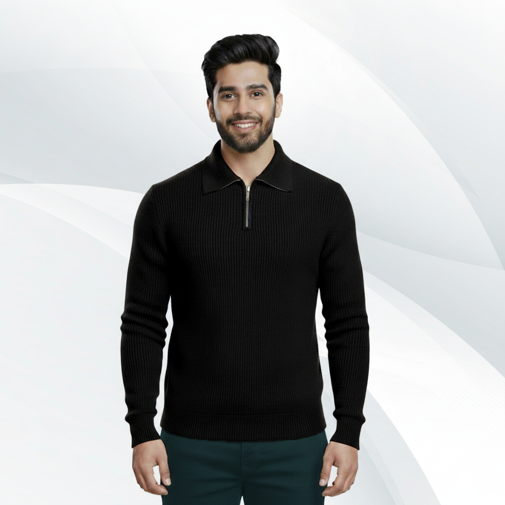 product_image_23969 Men's Rib high Neck Sweater Half zipper (Black) - Image 1