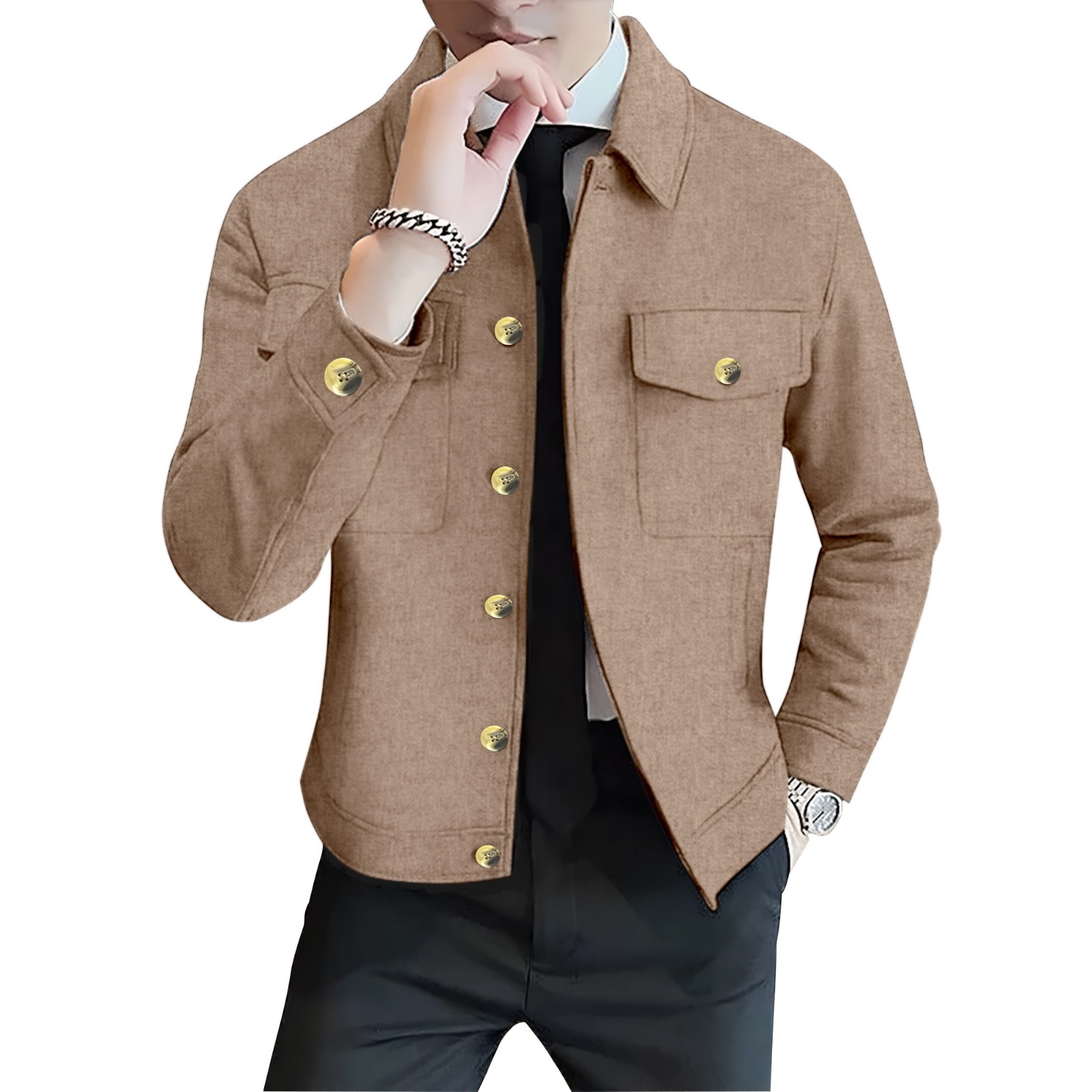 product_image_23977 MEN'S Button-Up Shacket Jacket ( Brown+Khaki) - Image 1