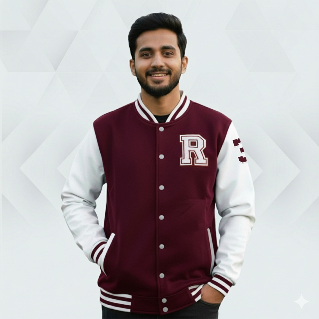 product_image_23983 Men's Premium China Varsity Jacket ( Maroon + White) - Image 1