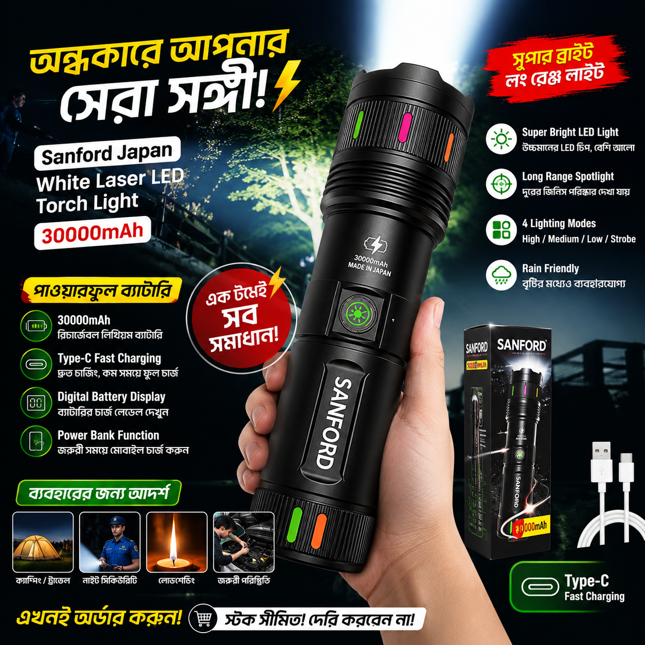 file_00000000155c71fa9f3c4ea2f4aa85ac Sanford Japan White Laser LED Torch Light 30000mAh Rechargeable Flashlight | Type-C Fast Charging | Power Bank Function | Long Range Spotlight - Image 1