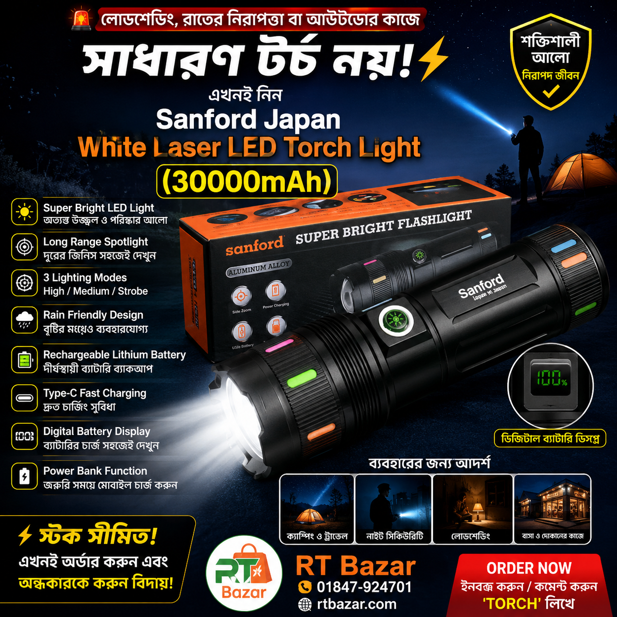 file_000000006c947208b815e94d1c39d03d Sanford Japan White Laser LED Torch Light 30000mAh Rechargeable Flashlight | Type-C Fast Charging | Power Bank Function | Long Range Spotlight - Image 1